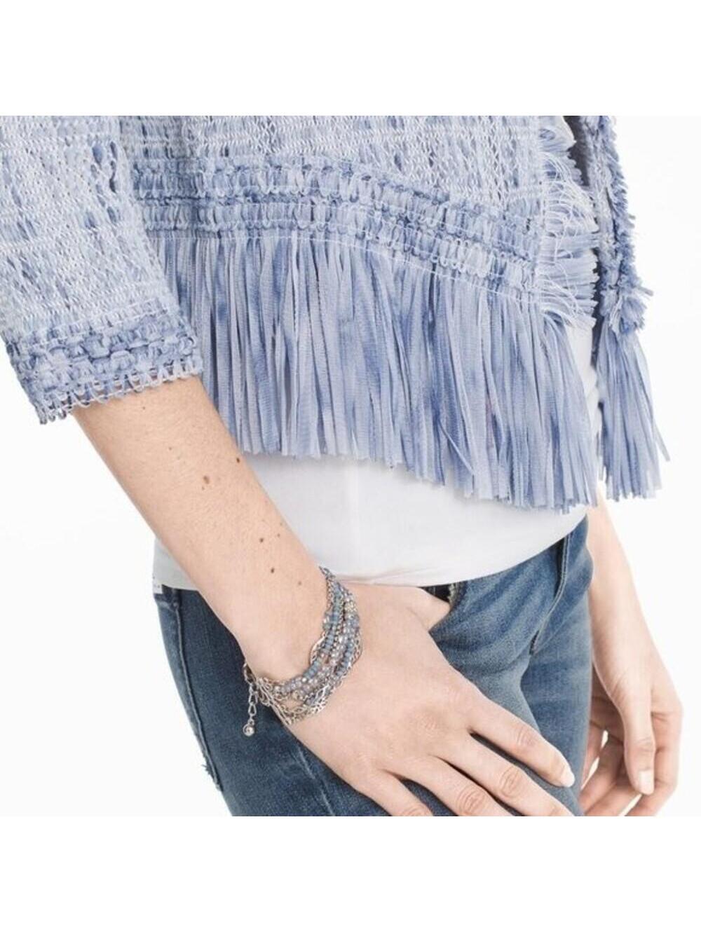 White House Black Market Fringe Sweater Jacket baby blue white Small - Picture 3 of 9